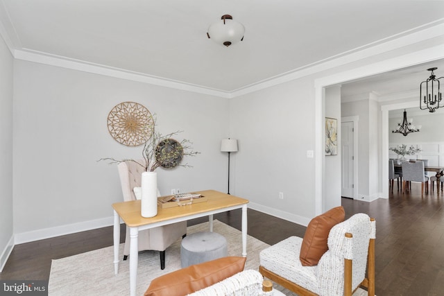 115 Saddle Ridge Ln, Fredericksburg, VA 22406 - home office featuring a chandelier, ornamental molding, and dark wood-type flooring