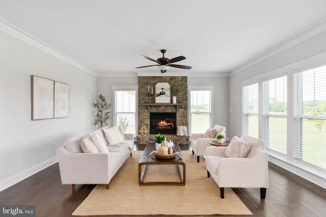 115 Saddle Ridge Ln, Fredericksburg, VA 22406 - living room featuring healthy amount of natural light, crown molding, a stone fireplace, dark wood-type flooring, and ceiling fan