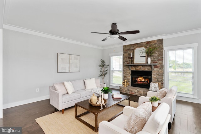 115 Saddle Ridge Ln, Fredericksburg, VA 22406 - living area with ornamental molding, wood finished floors, a fireplace, and a ceiling fan