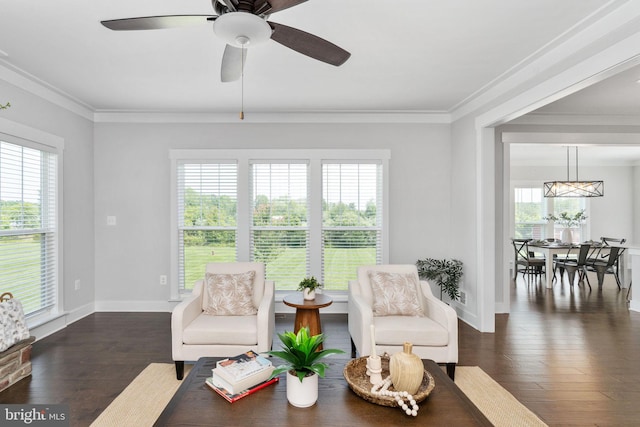 115 Saddle Ridge Ln, Fredericksburg, VA 22406 - living area featuring plenty of natural light, crown molding, dark wood-style floors, and a ceiling fan
