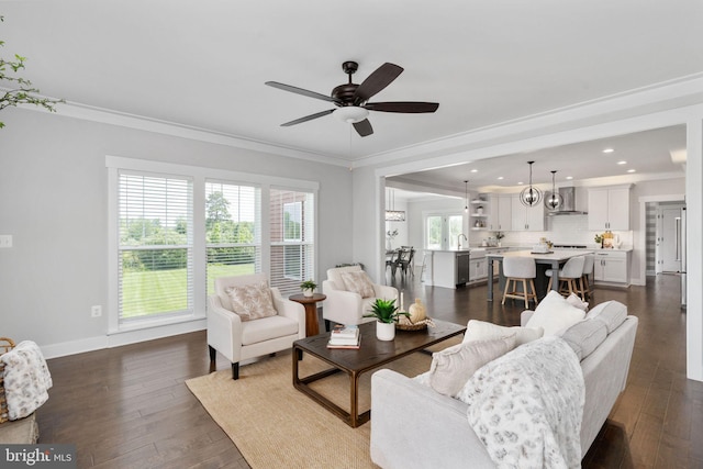 115 Saddle Ridge Ln, Fredericksburg, VA 22406 - living room with ornamental molding, ceiling fan, healthy amount of natural light, recessed lighting, and dark wood-type flooring