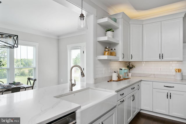 115 Saddle Ridge Ln, Fredericksburg, VA 22406 - kitchen featuring open shelves, white cabinets, crown molding, backsplash, and light stone countertops