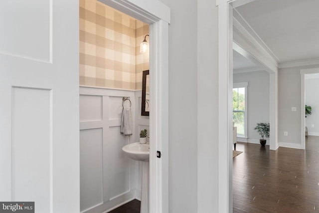 115 Saddle Ridge Ln, Fredericksburg, VA 22406 - bathroom with ornamental molding, wood finished floors, and a decorative wall