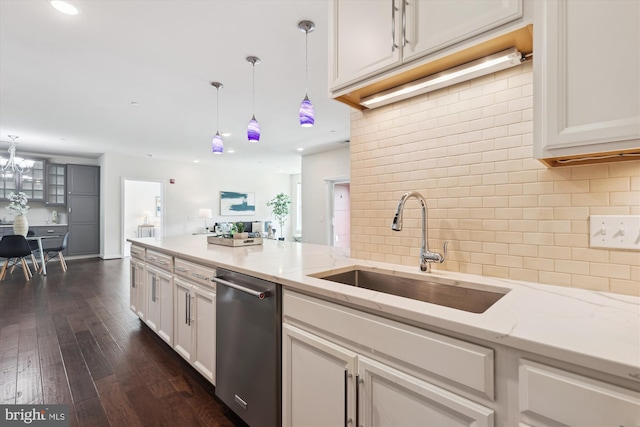 3989 Norton Pl Unit 207, Fairfax, VA 22030 - kitchen with dishwasher, tasteful backsplash, white cabinetry, dark wood finished floors, and light stone counters