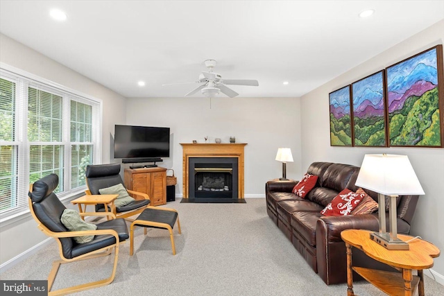 10 Frantz Ct, Fredericksburg, VA 22405 - carpeted living area featuring recessed lighting, a ceiling fan, and a fireplace with flush hearth