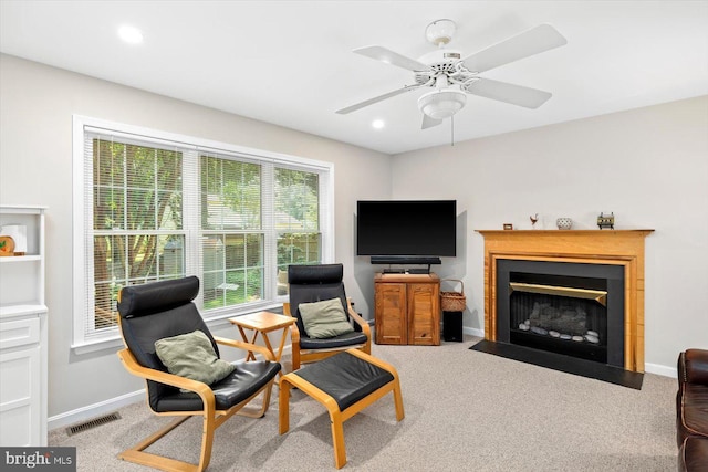 10 Frantz Ct, Fredericksburg, VA 22405 - living area featuring carpet floors, recessed lighting, a fireplace with flush hearth, and a ceiling fan