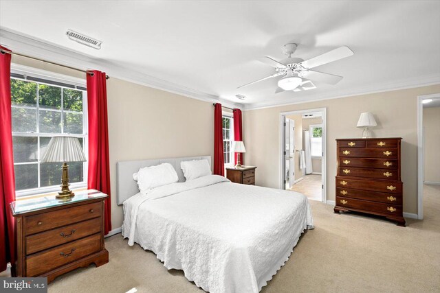 10 Frantz Ct, Fredericksburg, VA 22405 - bedroom featuring light carpet, crown molding, ceiling fan, and ensuite bath