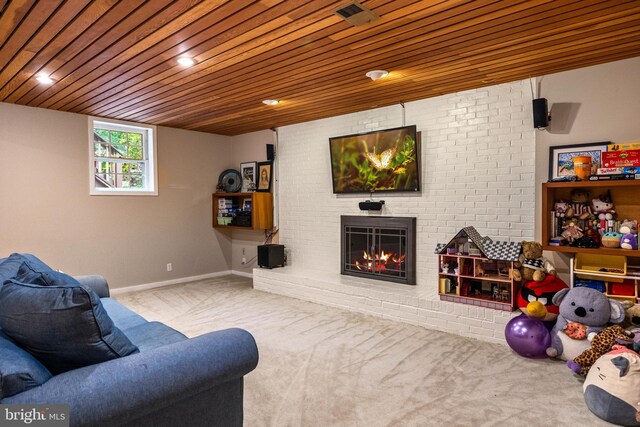 9100 Quarter Ct, Vienna, VA 22182 - living area with carpet flooring, a fireplace, and wood ceiling