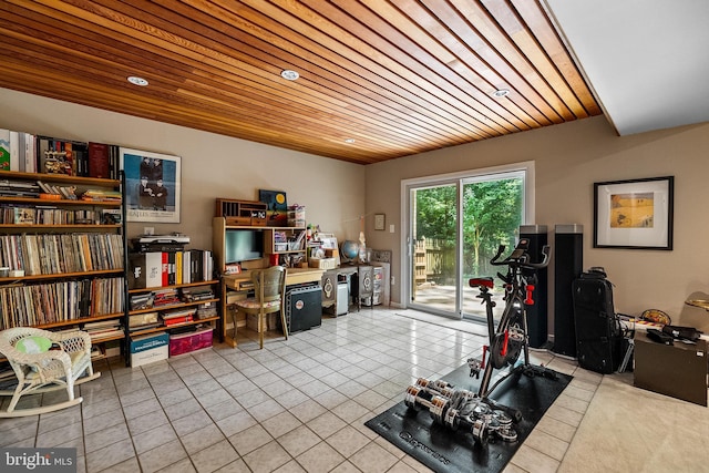 9100 Quarter Ct, Vienna, VA 22182 - exercise area featuring tile patterned flooring, wood ceiling, and recessed lighting