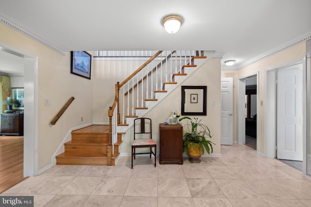 9100 Quarter Ct, Vienna, VA 22182 - stairway with crown molding and baseboards
