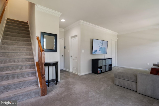 500 Overlook Park Drive 27, Oxon Hill, MD 20745 - carpeted living room with crown molding, stairway, and recessed lighting