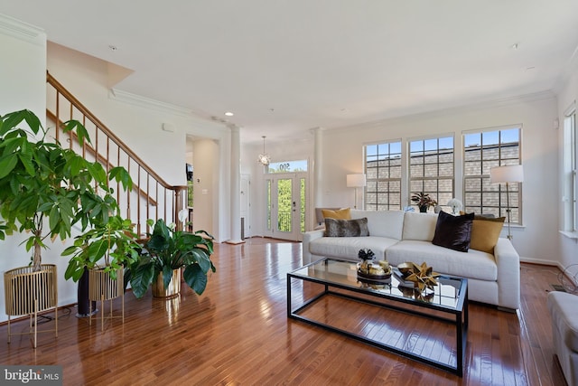500 Overlook Park Drive 27, Oxon Hill, MD 20745 - living area featuring ornamental molding, wood-type flooring, stairs, and recessed lighting