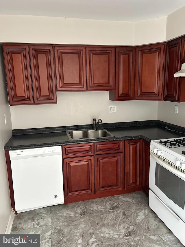 3205 Red Lion Rd, Philadelphia, PA 19114 - kitchen featuring white appliances, dark brown cabinets, dark countertops, and under cabinet range hood