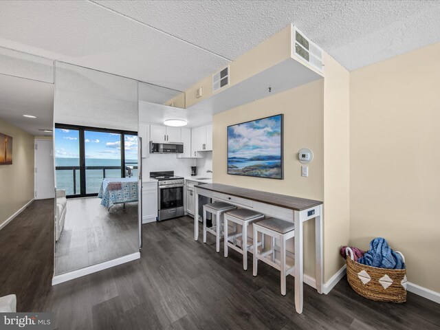 10900 Coastal Hwy Unit 814Golden, Sands, Ocean City, MD 21842 - kitchen with appliances with stainless steel finishes, dark wood-style flooring, floor to ceiling windows, white cabinetry, and a textured ceiling