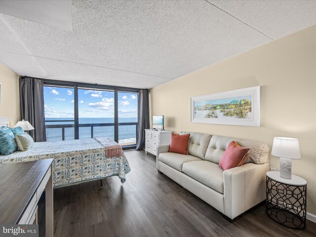 10900 Coastal Hwy Unit 814Golden, Sands, Ocean City, MD 21842 - bedroom featuring dark wood-style floors, a wall of windows, a textured ceiling, and access to outside