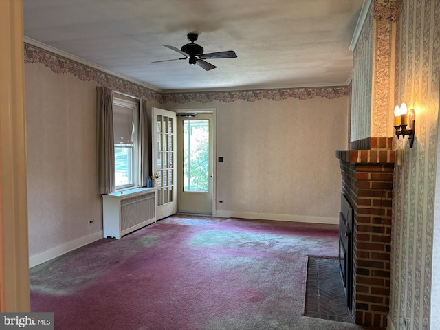 400 E Main St, Ephrata, PA 17522 - unfurnished living room featuring radiator, a fireplace, carpet floors, ceiling fan, and crown molding