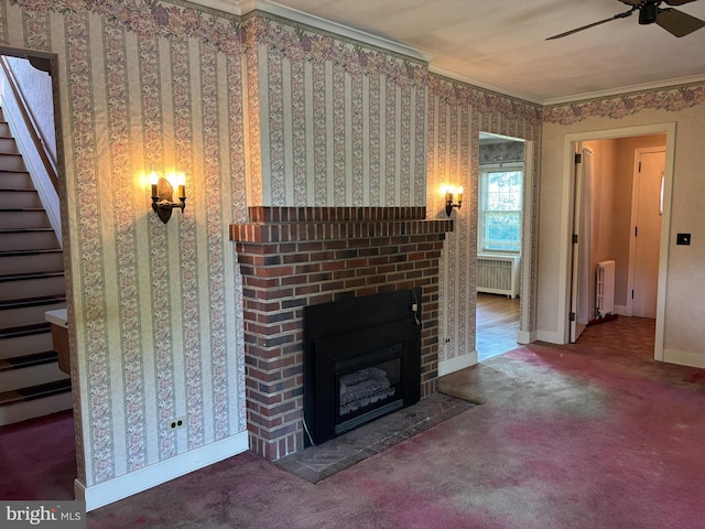 400 E Main St, Ephrata, PA 17522 - unfurnished living room featuring radiator, radiator heating unit, stairway, ceiling fan, and ornamental molding