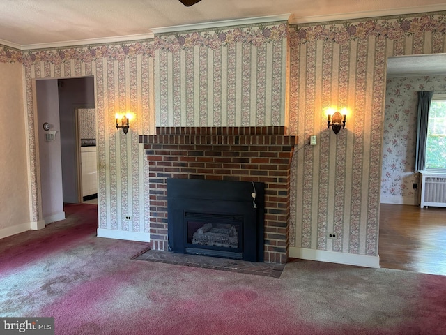 400 E Main St, Ephrata, PA 17522 - unfurnished living room featuring ornamental molding, wallpapered walls, carpet flooring, radiator heating unit, and a brick fireplace