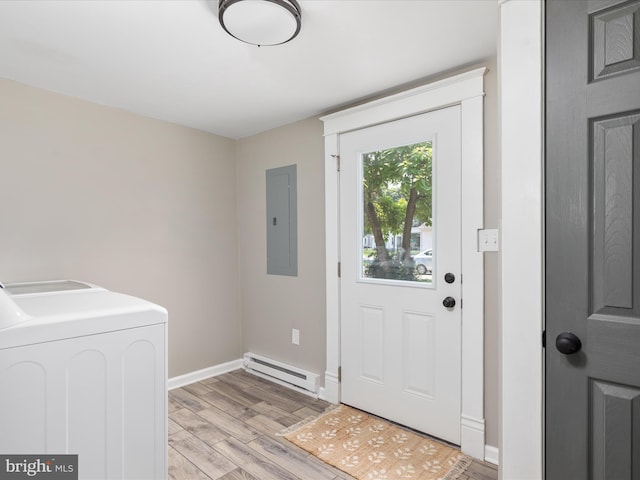232 Crawford St, Strasburg, VA 22657 - washroom featuring washer / dryer, electric panel, a baseboard radiator, and light wood-style flooring