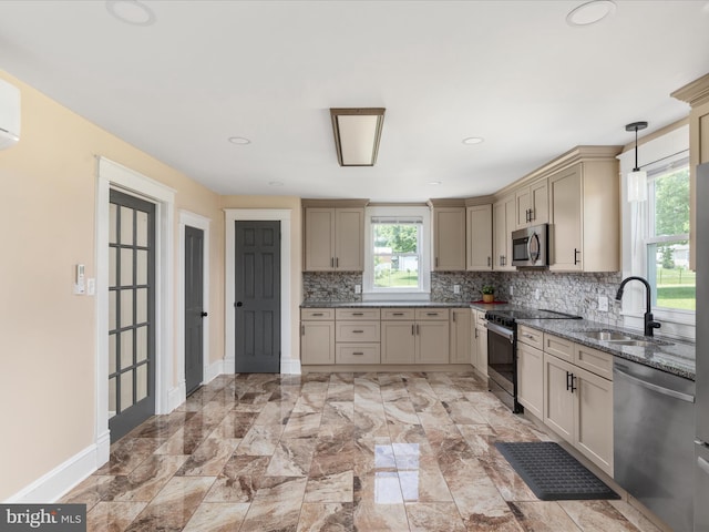 232 Crawford St, Strasburg, VA 22657 - kitchen with appliances with stainless steel finishes, healthy amount of natural light, backsplash, stone countertops, and recessed lighting