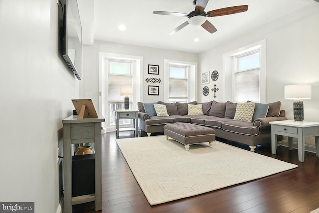 110 S Washington St, Havre De Grace, MD 21078 - living room featuring ceiling fan, dark wood finished floors, and recessed lighting
