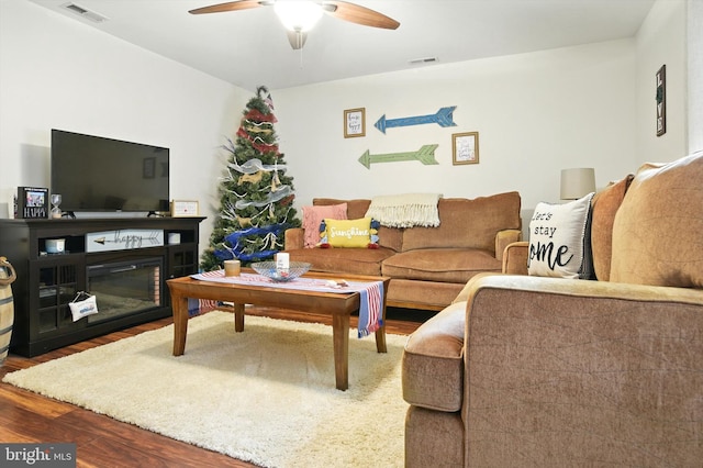 110 S Washington St, Havre De Grace, MD 21078 - living room featuring a ceiling fan, wood finished floors, and a glass covered fireplace