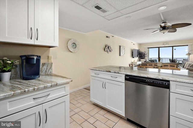 9800 Coastal Hwy Unit 1207, Ocean City, MD 21842 - kitchen with stainless steel dishwasher, a ceiling fan, white cabinets, light stone countertops, and recessed lighting