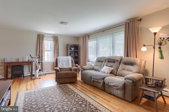 1002 S 2nd Ave, Lebanon, PA 17042 - living room with wood finished floors, a wood stove, and a baseboard heating unit