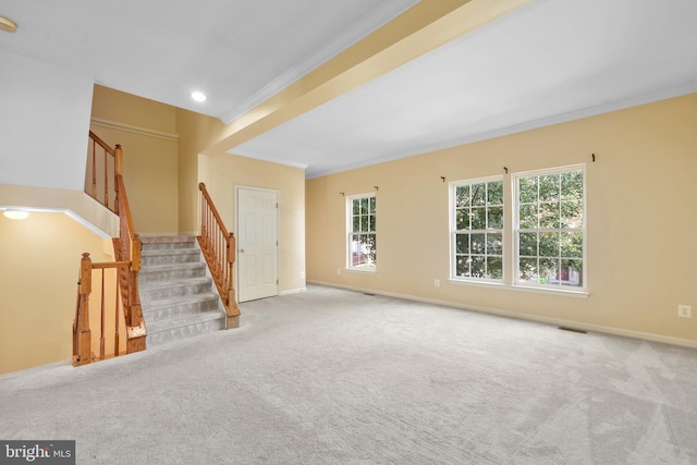 8078 Horseshoe Cottage Cir, Lorton, VA 22079 - unfurnished living room with crown molding, carpet, and stairway