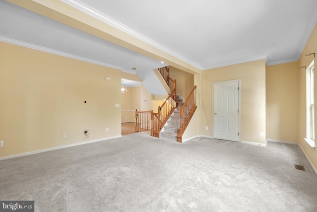 8078 Horseshoe Cottage Cir, Lorton, VA 22079 - unfurnished living room featuring carpet, crown molding, and stairs