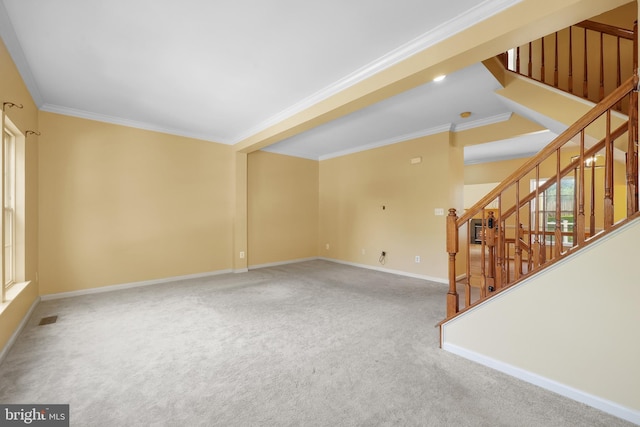 8078 Horseshoe Cottage Cir, Lorton, VA 22079 - unfurnished living room featuring carpet, ornamental molding, and stairs