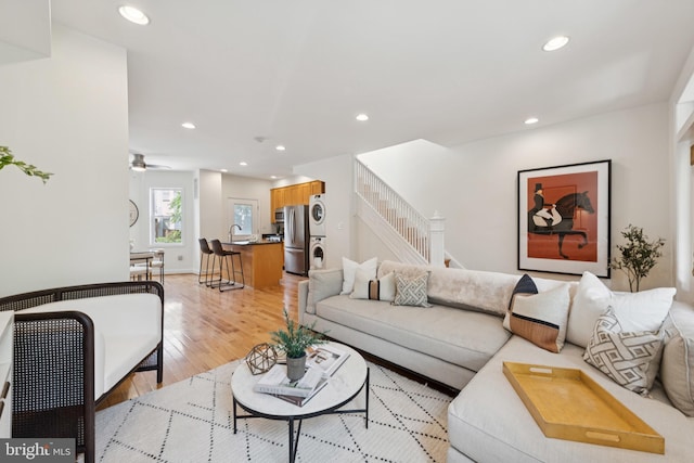 643 Keefer Pl NW, Washington, DC 20010 - living area with stairway, recessed lighting, light wood-style flooring, and ceiling fan