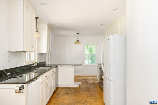 906 Old Farm Rd, Charlottesville, VA 22903 - kitchen with white appliances, white cabinets, hanging light fixtures, recessed lighting, and dark stone countertops