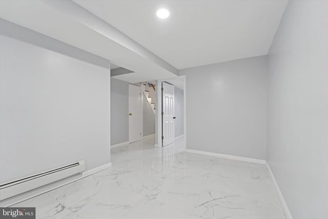 7139 Guilford Rd, Upper Darby, PA 19082 - unfurnished room featuring a baseboard radiator, light marble finish floors, stairs, and recessed lighting