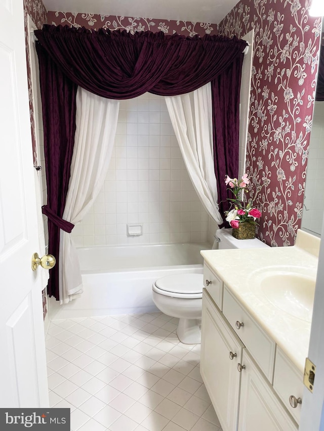 2510 Heatherwood Ct, Hyattsville, MD 20783 - full bath with vanity, shower / bath combo with shower curtain, wallpapered walls, and tile patterned flooring
