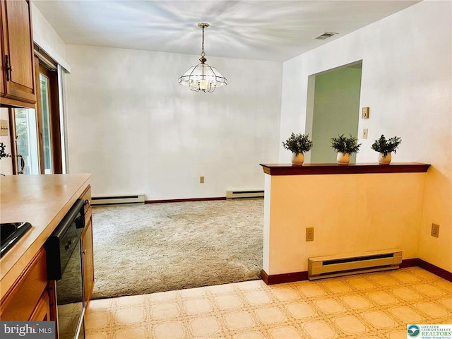 93 Sassafras, Lehighton, PA 18235 - kitchen with a baseboard radiator, a chandelier, dishwasher, and light carpet