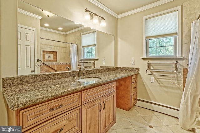 34 Barrett Ave, Hammonton, NJ 08037 - full bathroom with crown molding, tile patterned floors, vanity, baseboard heating, and curtained shower