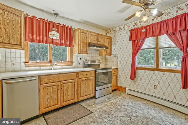 34 Barrett Ave, Hammonton, NJ 08037 - kitchen with stainless steel appliances, a baseboard radiator, light countertops, and ceiling fan