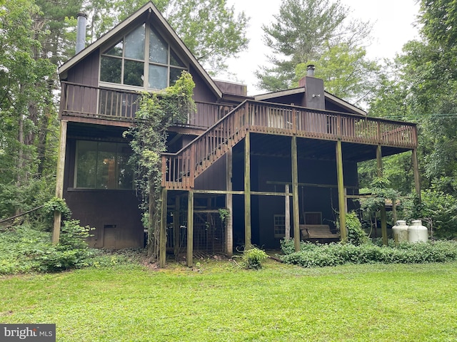 175 Howellsville Rd, Front Royal, VA 22630 - back of house with a chimney, a lawn, a deck, and stairway