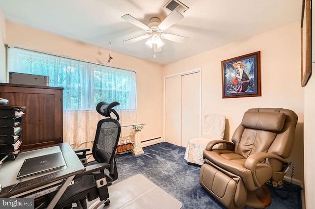 12105 Lanham Severn Rd, Bowie, MD 20720 - home office featuring a ceiling fan, dark colored carpet, and a baseboard radiator