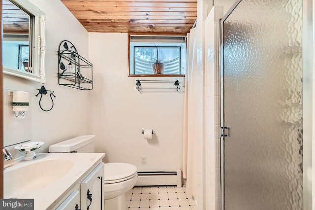 12105 Lanham Severn Rd, Bowie, MD 20720 - full bath with a baseboard heating unit, wooden ceiling, a stall shower, tile patterned floors, and vanity