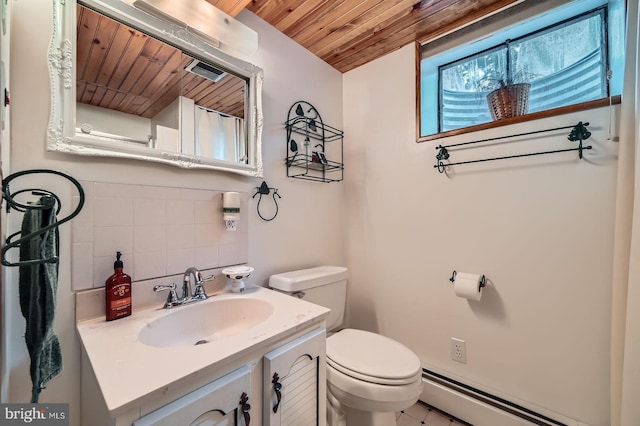 12105 Lanham Severn Rd, Bowie, MD 20720 - bathroom featuring a baseboard heating unit, wooden ceiling, vanity, and decorative backsplash