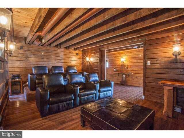 2103 Street Rd, New Hope, PA 18938 - home theater featuring wooden walls, wood finished floors, and a wood ceiling with exposed beams