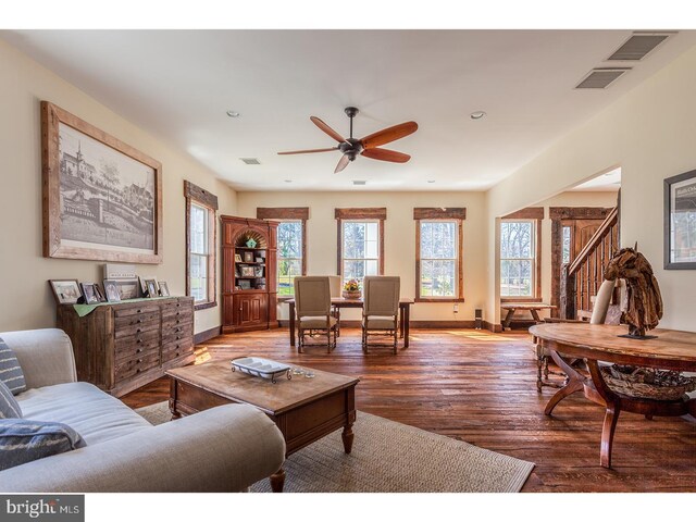 2103 Street Rd, New Hope, PA 18938 - living room featuring a ceiling fan, wood finished floors, stairway, and recessed lighting
