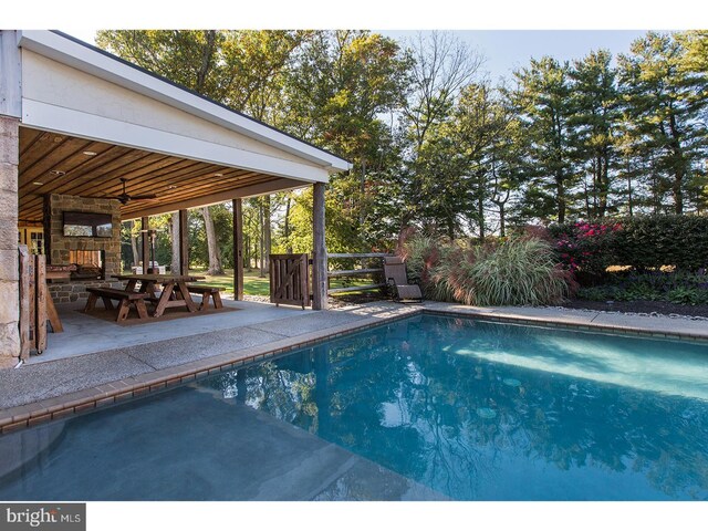 2103 Street Rd, New Hope, PA 18938 - view of pool with ceiling fan, a patio, and outdoor dining space