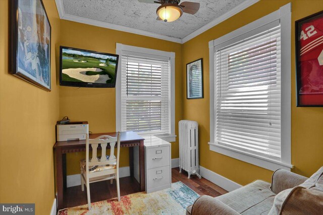 120 Hook St, Birdsboro, PA 19508 - office space with radiator heating unit, wood finished floors, crown molding, and ceiling fan