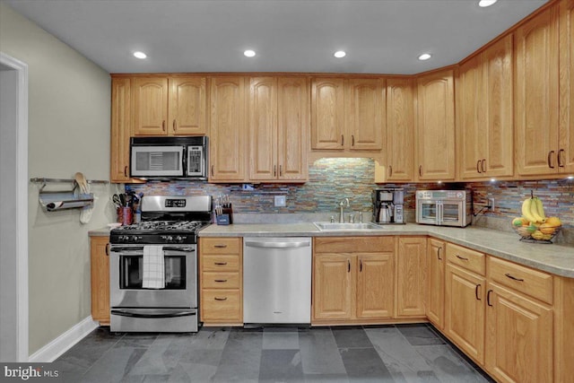 120 Hook St, Birdsboro, PA 19508 - kitchen featuring stainless steel appliances, tasteful backsplash, recessed lighting, light countertops, and light brown cabinets
