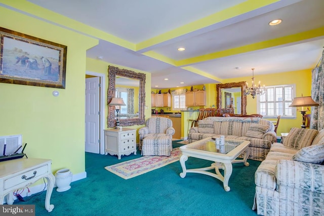 6180 Marsh Island Dr, Chincoteague Island, VA 23336 - carpeted living room featuring a chandelier, plenty of natural light, recessed lighting, and beamed ceiling