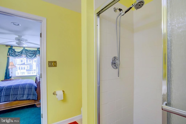6180 Marsh Island Dr, Chincoteague Island, VA 23336 - bathroom with a shower stall, ensuite bathroom, and a ceiling fan