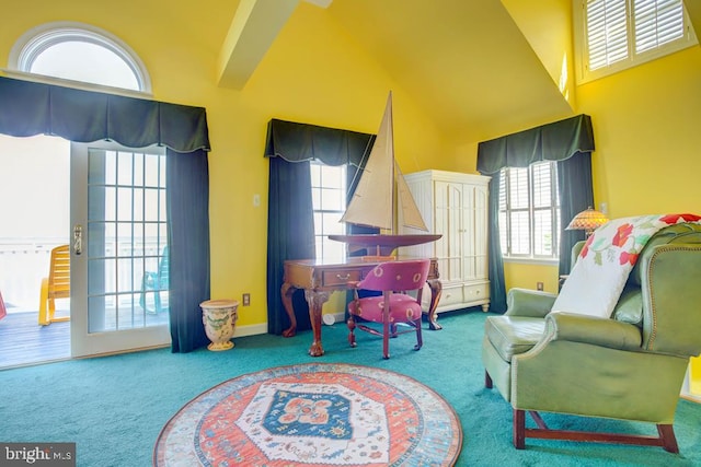 6180 Marsh Island Dr, Chincoteague Island, VA 23336 - sitting room featuring carpet and high vaulted ceiling